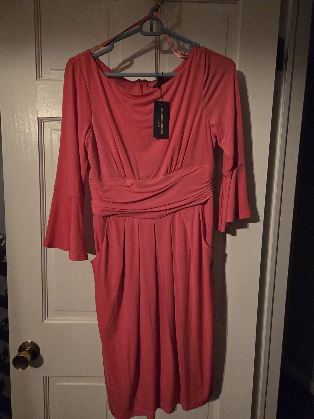 Johnston & Murphy Coral Pink Draped Waist Midi Dress
